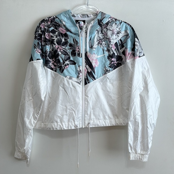 Nike - White/Pink/Blue Nylon Hooded Jacket with Floral Design - Picture 4 of 12